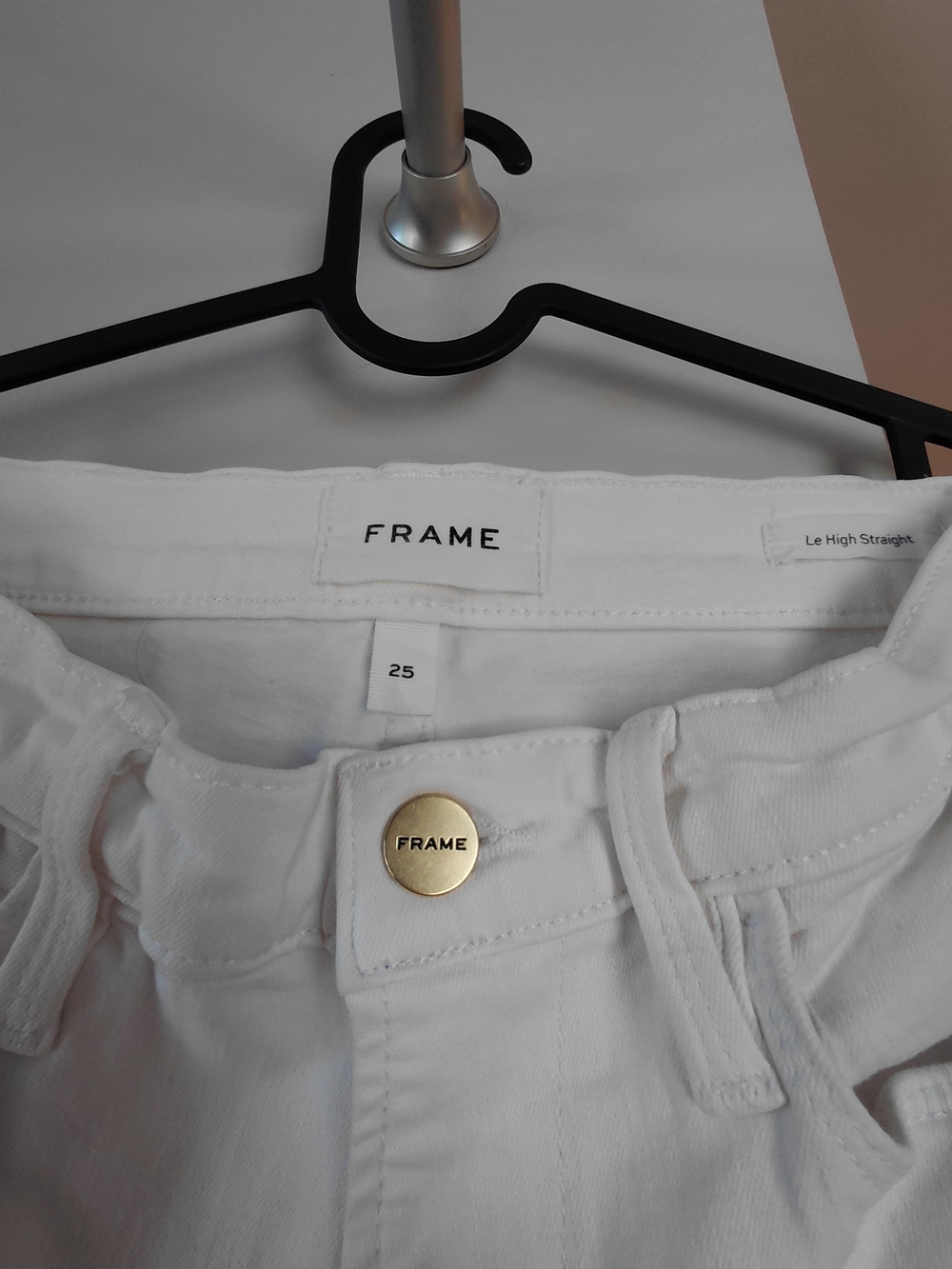 Frame Denim High-Rise Straight Jeans in White with Gold Button
